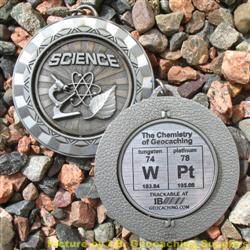 WPt - The Chemistry of Geocaching - Antique Silver Spinning Geomedal Geocoin