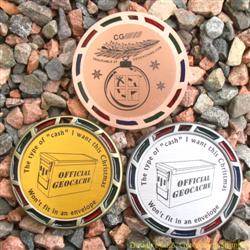 Christmas Cache Geomedal Geocoin Trio with Translucent Colours