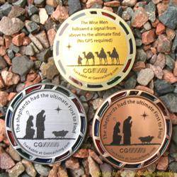 The Christmas Shepherds and Magi Geomedal Geocoin Trio with Translucent Colours