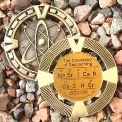 AmErICaN CaCHEr - The Chemistry of Geocaching - Antique Gold Geomedal Geocoin