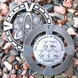 CaMo CaCHe - The Chemistry of Geocaching - Antique Silver Geomedal Geocoin