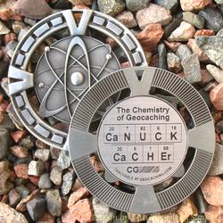 CaNUCK CaCHEr - The Chemistry of Geocaching - Antique Silver Geomedal Geocoin