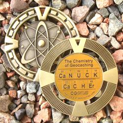 CaNUCK CaCHEr - The Chemistry of Geocaching - Antique Gold Geomedal Geocoin