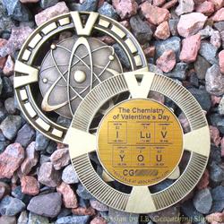 I LuV YOU - The Chemistry of Geocaching - Antique Gold Geomedal Geocoin