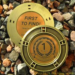 FTF (First to Find) Champ Geomedal Geocoin with Cutouts