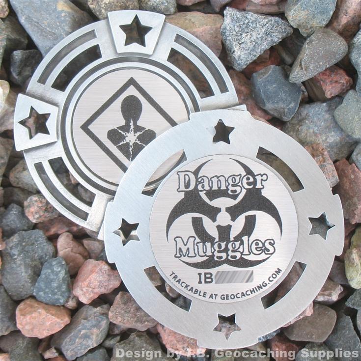 Muggles 2" Geomedal Geocoin with Cutouts Danger Antique Finish Colour 