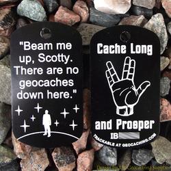 Cache Trek - Beam Me Up / Cache Long and Prosper Trackable Dog Tag (Black)